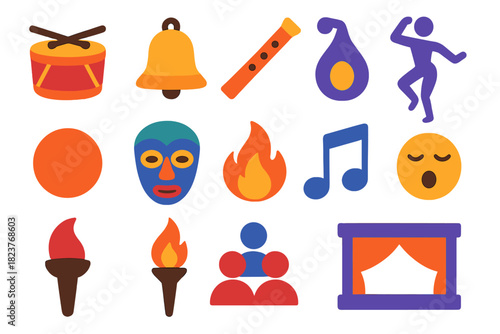 Music Ritual Icons. Flat vector icons of Music & Ritual Concepts: Drum, Bell, Flute, Dance Pose, Circle, Mask, Fire, Music Note,