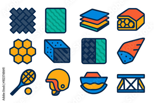 Bold Composite Icons. Flat vector icons of composite materials: carbon fiber weave, fiberglass sheet, laminated layer, sandwich