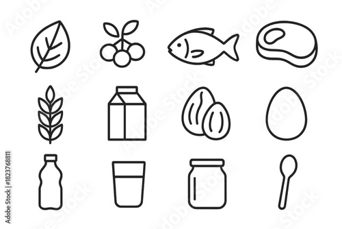 Nutrient Source Icons. Line style icons of Nutrient Sources: Leaf, Berry, Fish, Meat; Grain, Dairy, Nut, Egg; Bottle, Glass, Jar,