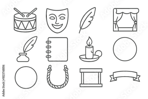 Storytelling Tools Icons. Line style icons of Storytelling Tools: Drum, Mask, Feather, Scroll; Quill, Inkpot, Notebook, Candle;