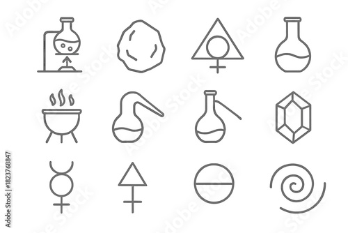 Alchemical Icons Collection. Line style icons of Alchemical Experiment: Transmutation, Prima Materia, Alchemical Symbol, Flask;