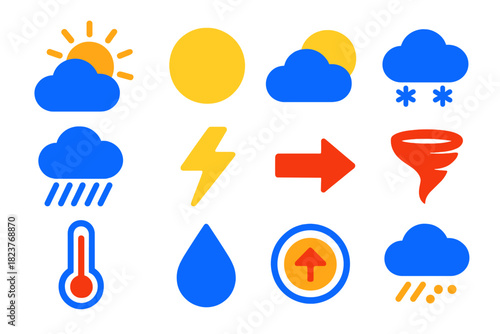 Meteorological Icon Set. Flat vector icons of Meteorological Symbols: Sun Behind Cloud, Full Moon, Partly Cloudy, Snow Shower,