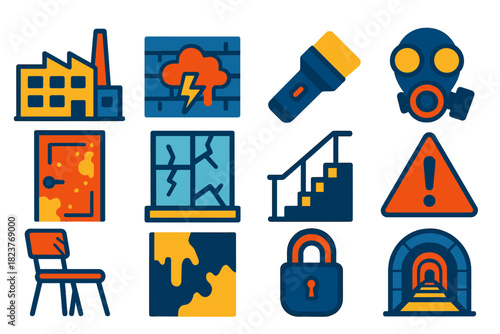 Urban Exploration Icons. Flat vector icons of Urban Exploration: abandoned factory, graffiti wall, flashlight, gas mask, rusted