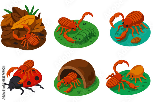 Pseudoscorpion Ecosystem Icons. Isometric vector illustration set Pseudoscorpions: leaf litter ecosystem, pseudoscorpion hunting,