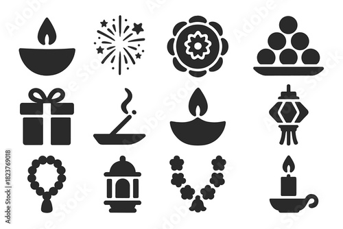 Diwali Celebration Icons. Solid style icons of Diwali celebrations: oil lamp, fireworks, rangoli, sweets platter, gift box,