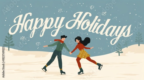 Joyful Couple Ice Skating in Winter Wonderland for Holiday Cheer