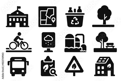 Environmental Regulation Icons. Solid style icons of local environmental regulations: municipal building, zoning map, recycling
