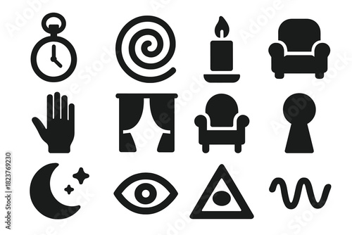 Hypnotic Icon Collection. Solid style icons of Hypnosis & Trance: Pocket Watch, Spiral, Candle, Hand Gesture, Curtain, Chair, Moon
