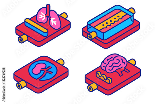 Organ-on-Chip Systems. Isometric vector illustration set Organ-on-Chip System: Lung cell stretch chamber, gut lining channel,
