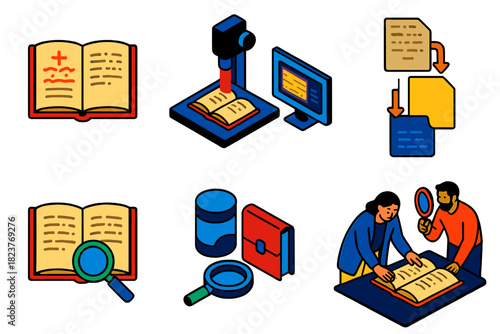 Medieval Manuscript Exploration. Isometric vector illustration set Palimpsest studies: medieval manuscripts, multispectral imaging