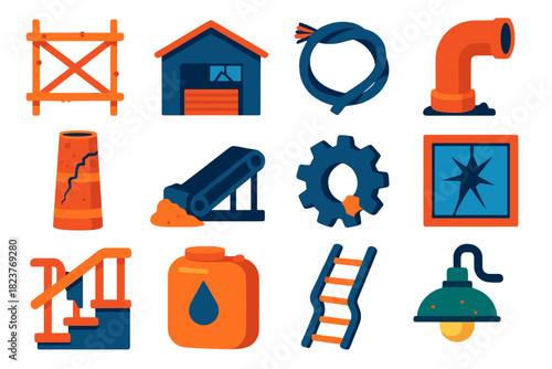 Post-Industrial Icons. Flat vector icons of Post-Industrial Scenes: rusted scaffolding, abandoned warehouse, twisted cable,