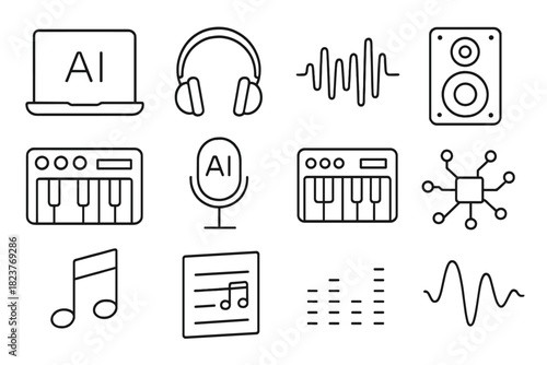 AI Music Icons. Line style icons of AI in Music: Laptop, Headphones, Sound Wave, Speaker; Synthesizer, Microphone, MIDI Keyboard,