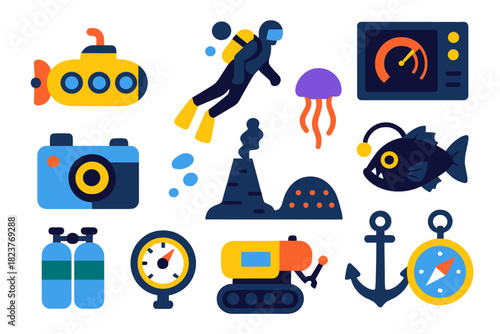 Deep-Sea Exploration Icons. Flat vector icons of deep-sea exploration: submarine, diver, underwater camera, sonar, hydrothermal
