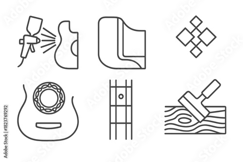 Guitar Details Icons. Line style icons of Guitar Finishes and Details: lacquer spray, binding strip, inlay pattern, rosette design