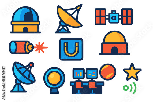 Future Observatory Icons. Flat vector icons of Future Observatories: Dome, Radio Telescope, Satellite Array, Laser, Detector,
