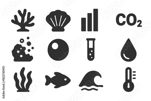 Ocean Acidification Icons. Solid style icons of Ocean Acidification: Coral, Shell, pH Scale, Carbon Dioxide, Dissolving Limestone,