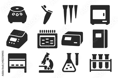 Biotech Lab Tools. Solid style icons of biotechnology tools: centrifuge, microcentrifuge tube, pipette tips, incubator, PCR
