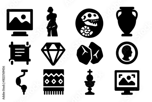 Museum Collection Icons. Solid style icons of museum collections: painting, sculpture, fossil, artifact, manuscript, gemstone,