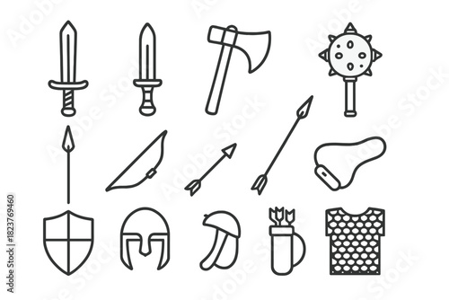 Weapon and Tool Icons. Line style icons of Weapons & Tools: Sword, Dagger, Axe, Mace; Spear, Bow, Arrow, Sling; Shield, Helmet,