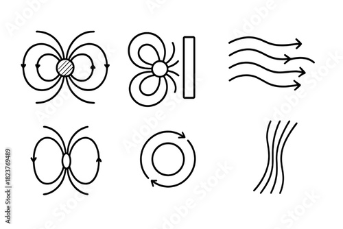 Magnetic Interaction Icons. Line style icons of Magnetic Field Interaction: dipole field lines, field distortion icon, moving