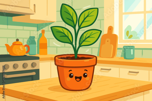 Playful Kitchen Greenery. Playful potted plant with green leaves growing in a brightly lit modern kitchen, sharp and cheerful