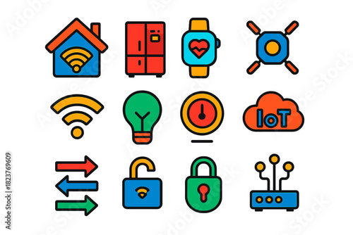 Vibrant IoT Icons. Flat vector icons of Internet of Things: smart home, connected fridge, wearable watch, sensor node, Wi-Fi