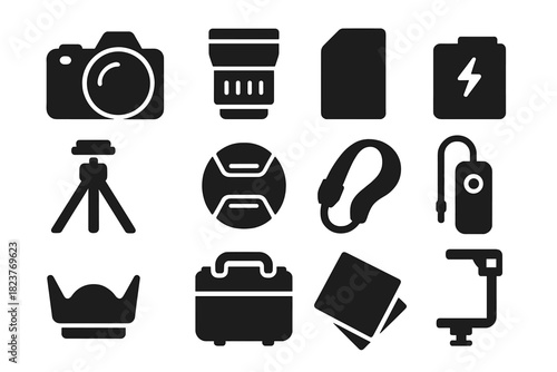 Photography Gear Icons. Solid style icons of Photography gear: DSLR camera, wide-angle lens, memory card, battery pack, tripod