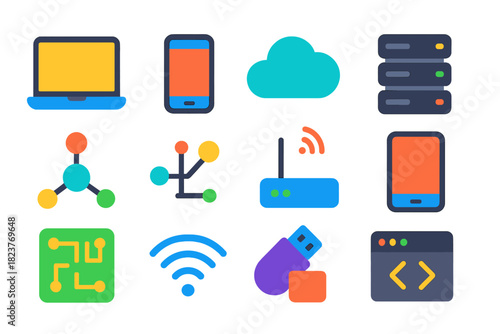 Vivid Tech Icons. Flat vector icons of digital technology: laptop, smartphone, cloud, server, data network, router, hard drive,