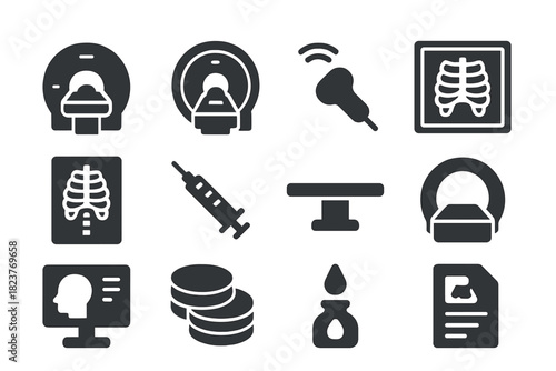 Medical Imaging Icons. Solid style icons of medical imaging: MRI machine, CT scanner, ultrasound probe, X-ray panel, radiograph,