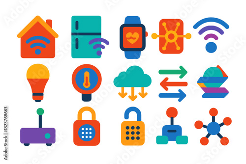 Vibrant IoT Icons. Flat vector icons of Internet of Things: smart home, connected fridge, wearable watch, sensor node, Wi-Fi