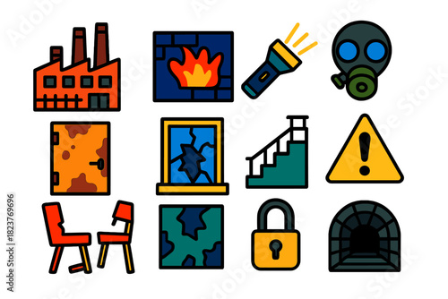 Urban Exploration Icons. Flat vector icons of Urban Exploration: abandoned factory, graffiti wall, flashlight, gas mask, rusted