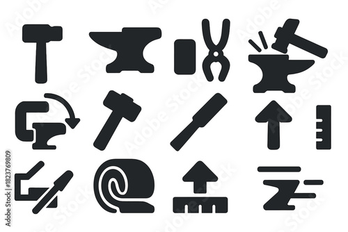 Metal Shaping Icons. Solid style icons of work hardening and metal shaping: hammer, anvil, metal sheet, tongs, sparks, bending