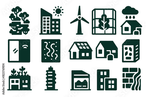 Futuristic Green Buildings. Solid style icons of futuristic green buildings: vertical forest, solar facade, wind-powered spire,