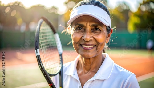 Smiling senior woman with visor holds tennis racket on the court in bright sunshine