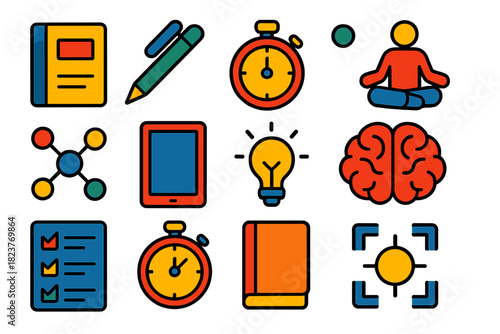 Mental Training Icons. Flat vector icons of Mental Training Tools: Notebook, Pen, Timer, Meditation Pose, Mind Map, Tablet,