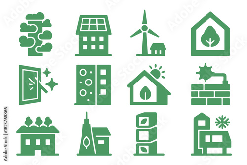 Futuristic Green Buildings. Solid style icons of futuristic green buildings: vertical forest, solar facade, wind-powered spire,