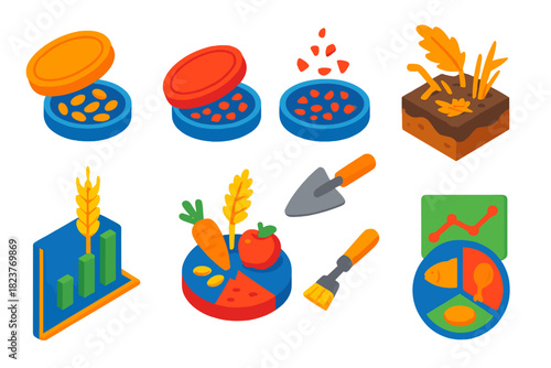 Archaeobotany Analysis Icons. Isometric vector illustration set Archaeobotany analysis: ancient seeds, phytolith samples, plant