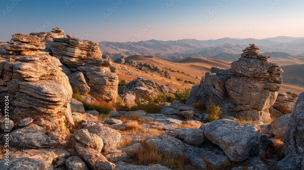 Obraz premium Sunlit rock formations in the Macin Mountains, an ancient terrain within Dobrogea, Romania