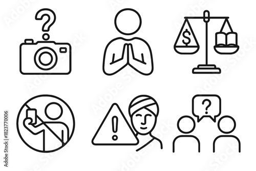 Ethical Icons Collection. Line style icons of Ethical Considerations: question mark over camera, respectful visitor icon, profit