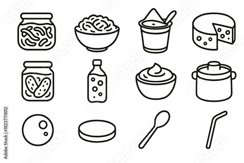 Fermentation Icons Set. Line style icons of Fermentation Process: Kimchi Jar, Sauerkraut, Yogurt Pot, Cheese Wheel; Pickling Jar,