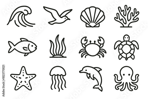Ocean Elements Icons. Line style icons of ocean elements: cresting wave, seagull, shell, coral; fish, seaweed, crab, turtle;