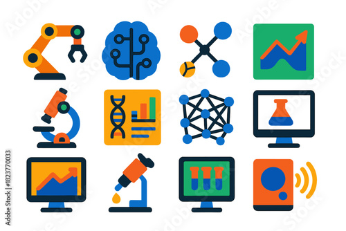 AI Life Sciences Icons. Flat vector icons of artificial intelligence in life sciences: robot arm, AI brain, data nodes, predictive