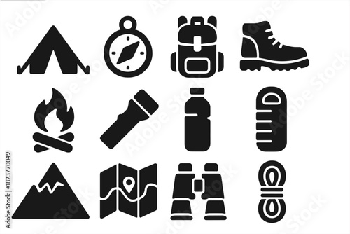 Outdoor Adventure Icons. Solid style icons of Outdoor adventure: tent, compass, backpack, hiking boots, campfire, flashlight,