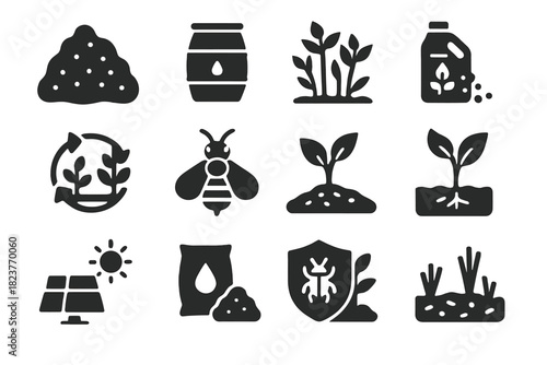 Sustainable Agriculture Icons. Solid style icons of Sustainable agriculture: compost pile, rain barrel, green cover crop,