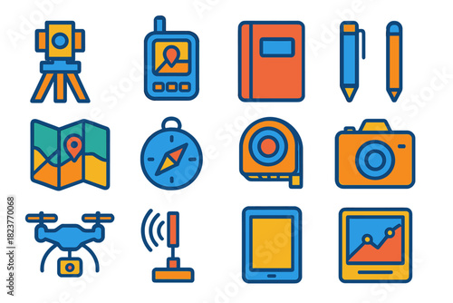 Surveying Icons Set. Flat vector icons of Surveying & Data Collection: Theodolite, GPS Device, Notebook, Pen, Map, Compass,