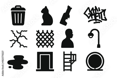 Dark Alley Icons. Solid style icons of Dark Alleys: Trash Can, Cat Silhouette, Broken Bottle, Graffiti, Cracked Wall, Chain Link