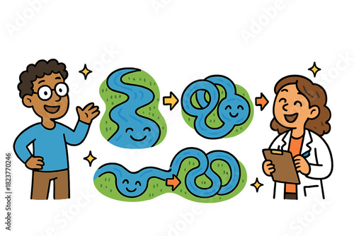 Joyful River Evolution. Cheerful doodle river evolution prediction with happy hydrologists, cartoon diagrams with faces, smiling