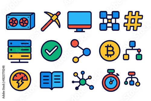 Mining Icons Collection. Flat vector icons of mining and validation: mining rig, pickaxe, computer, blockchain node, hash icon,