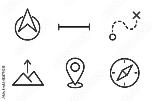 Navigation Icons Set. Line style icons of Navigation and Orientation: north arrow, distance scale, marked trail, elevation symbol,