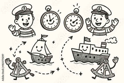 Cheerful Nautical Puzzle. Cheerful doodle longitude puzzle scene with happy sailors, cartoon clocks and sextants waving, smiling